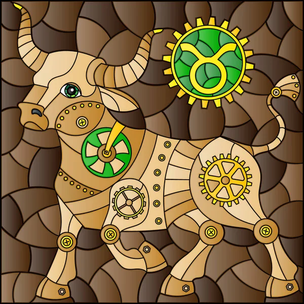 Ilustracja Stylu Witraża Ilustracją Znaku Punku Parowego Horoskopu Taurus — Wektor stockowy