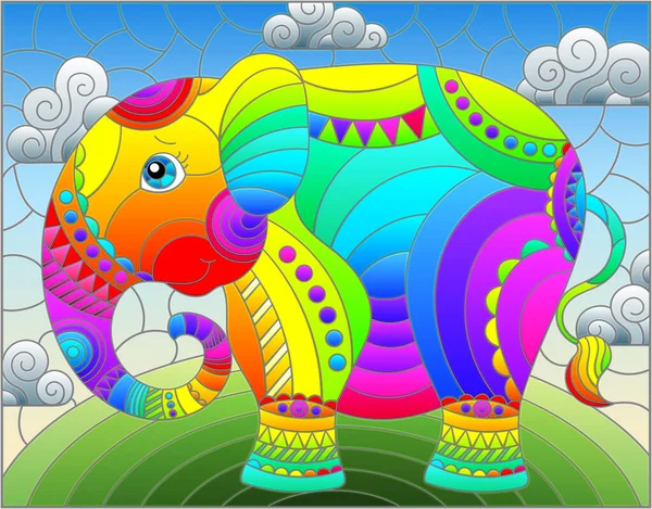Illustration Färgat Glas Stil Med Abstrakt Söt Regnbåge Elefant Blå — Stock vektor