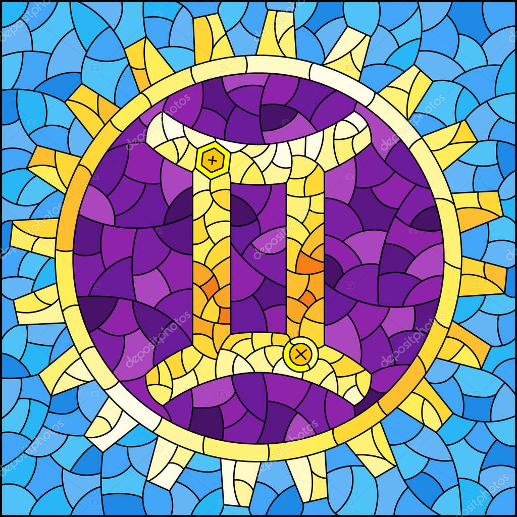 Illustration in the style of a stained glass window with an illustration of the steam punk sign of the Gemini horoscope