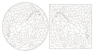 Set of contour illustrations in the style of stained glass with cute donkeys, dark outlines on a white background clipart