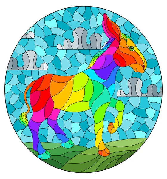 Illustration Style Stained Glass Window Funny Rainbow Donkey Background Meadows — Stock Vector