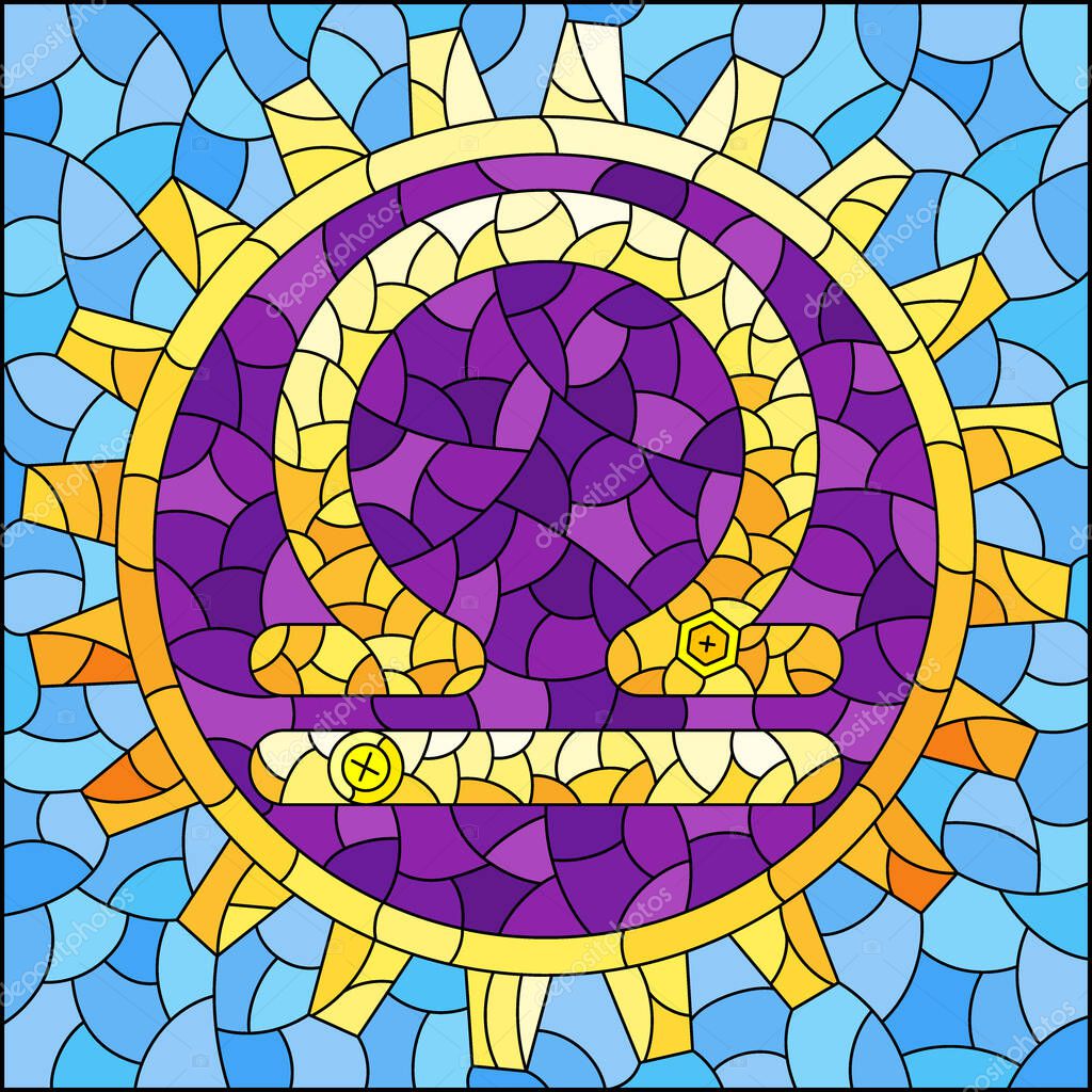 Illustration in the style of a stained glass window with an illustration of the steam punk sign of the horoscope Libra