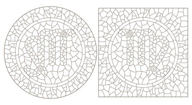 Zodyak Başak burcunun işaretleriyle boyalı cam tarzında bir dizi çizim, beyaz arka planda koyu hatlar.