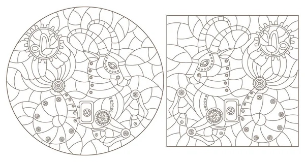 Set Illustrazioni Contorno Stile Vetrate Con Vapore Segni Punk Dello — Vettoriale Stock