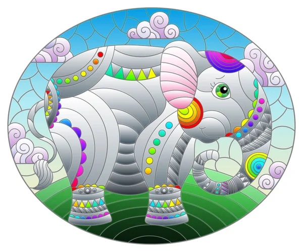 Ilustração Estilo Vitral Com Elefante Bonito Abstrato Fundo Céu Azul — Vetor de Stock