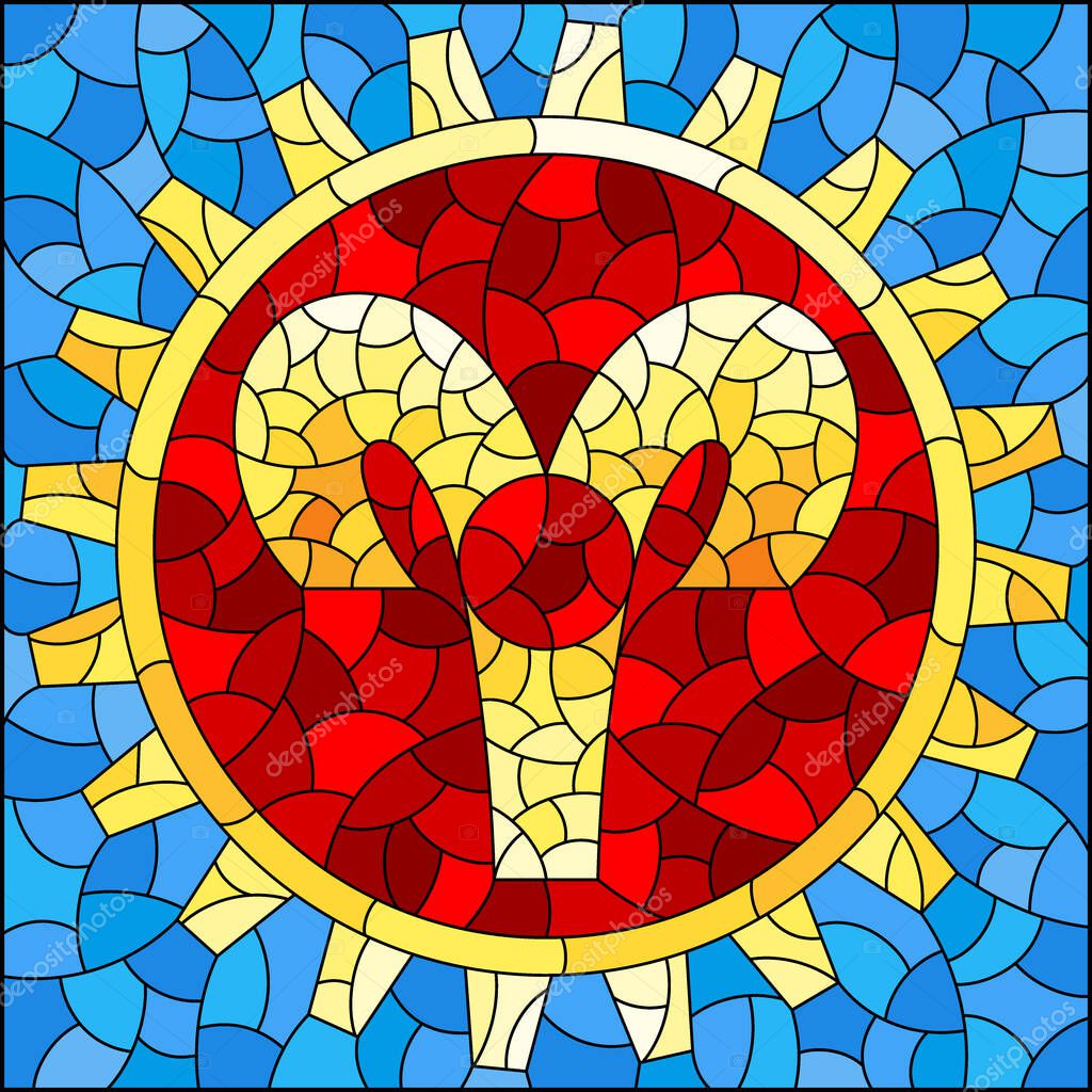 Illustration in the style of a stained glass window with an illustration of the steam punk sign of the aries horoscope