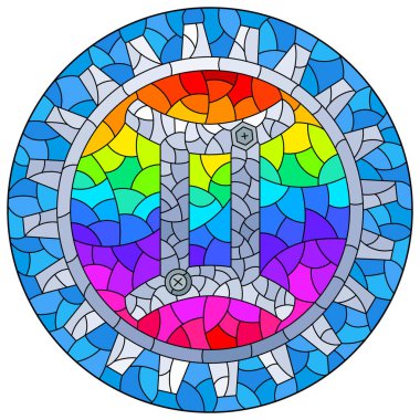 İkizler burcu burcunun buharlı simgesi, yuvarlak bir resim ile boyalı cam pencere tarzında bir resim.