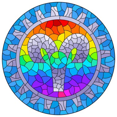 Vitraylı pencere stili bir illüstrasyon, buharlı punk burcunun resmedilmiş hali, yıldız falı, yuvarlak görüntü.