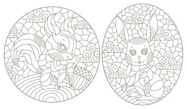 Boyalı cam tarzında, şirin tavşan ve sincap şekilli, beyaz arka planda koyu renkli çizgiler.