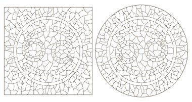 Zodyak kanserinin işaretleriyle boyalı cam tarzında bir dizi çizim, beyaz arka planda koyu hatlar.