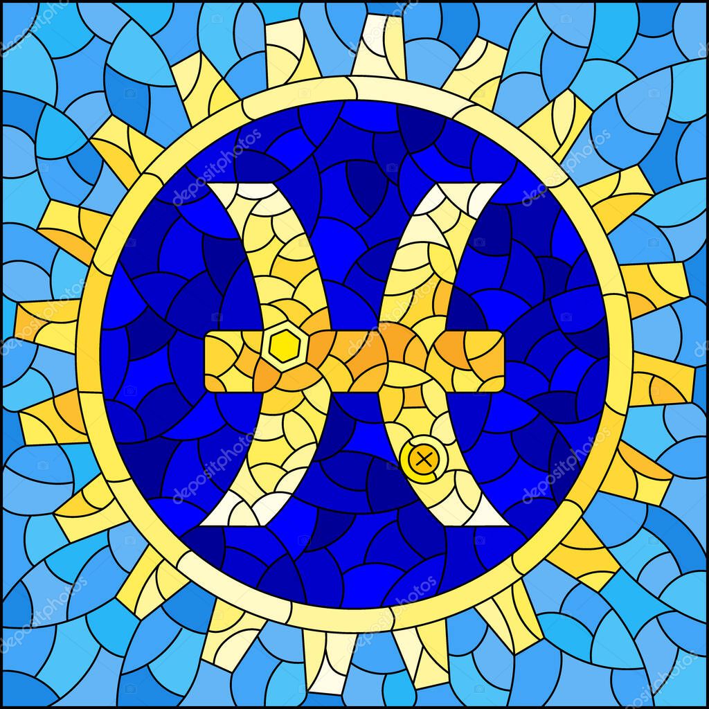 Illustration in the style of a stained glass window with an illustration of the steam punk sign of the pisces horoscope