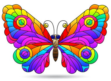 Parlak bir kelebeği olan, beyaz bir arka planda izole edilmiş, boyalı cam pencere tarzında bir resim.