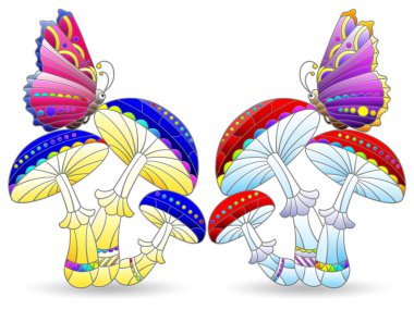 Beyaz arka planda izole edilmiş mantar, mantar ve kelebek karışımı mozaikli vitray seti.