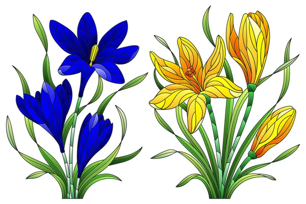 배경에 떨어져 히아신스 꽃들의 꽃꽂이가 스테인드글라스 스타일의 삽화들 — 스톡 벡터