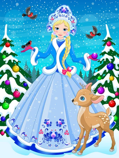 Ilustracja Piękną Księżniczką Niebieskiej Sukience Płocie Tle Choinek Zimowego Krajobrazu — Wektor stockowy