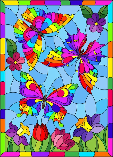 Kuvitus Lasimaalauksen Tyyliin Kauniilla Kirkkailla Perhosilla Kukkien Sinisen Taivaan Taustalla — vektorikuva