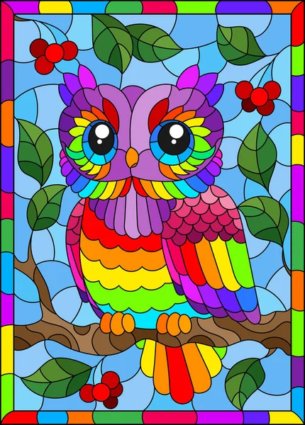 Stained Glass Illustration Bright Cartoon Owls Blue Sky Berryes Bright — Stock Vector
