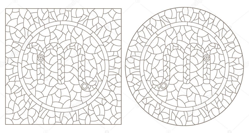 Set of contour illustrations in the style of stained glass with the signs of the zodiac scorpio, dark contours on a white background