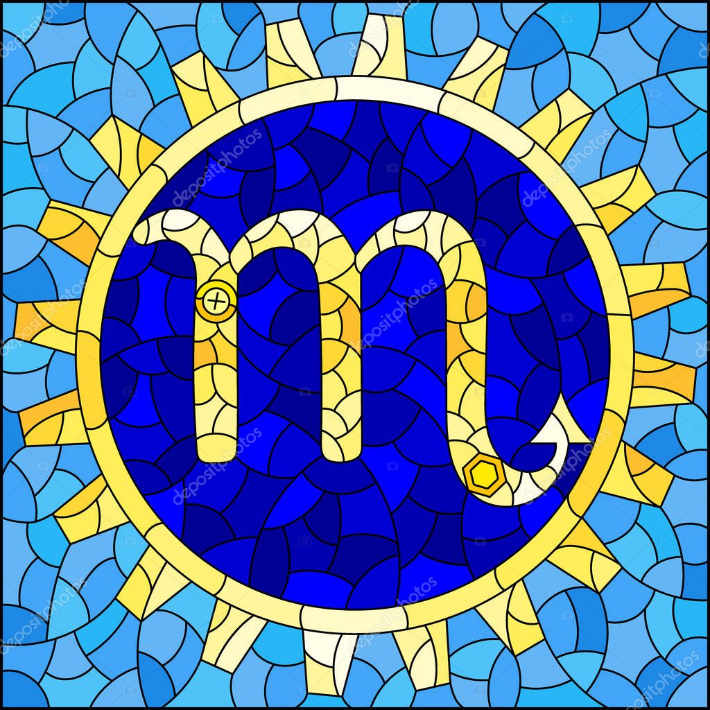 Illustration in the style of a stained glass window with an illustration of the steam punk sign of the horoscope scorpio