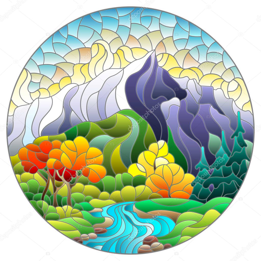 Illustration in the style of a stained glass window with an autumn landscape, a stream, trees and bushes against the background of mountains and the sky