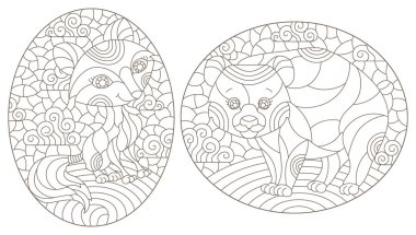 Çizgi film ayısı ve tilkiyle boyalı, beyaz arka planda koyu renk çizgileri olan boyalı cam tarzında çizimler.