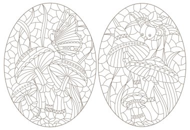 Mantarlı, kelebekli, beyaz arkaplanlı, oval resimli, mozaik cam pencere tarzında çizimler.