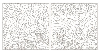 Dağ manzaralı mozaik cam tarzında çizimler, beyaz arkaplanda koyu çizgiler.