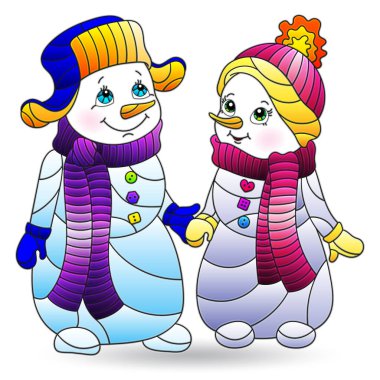 Beyaz arka planda izole edilmiş şirin kardan adam çizgi filmleriyle boyalı cam tarzında bir resim.