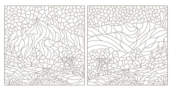 一套轮廓插图 色彩斑斓的玻璃风格 山水画 深色轮廓 白色背景 — 图库矢量图片