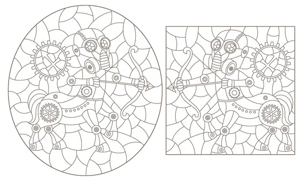 Conjunto Ilustraciones Contorno Estilo Vidrieras Con Signos Punk Vapor Del — Archivo Imágenes Vectoriales