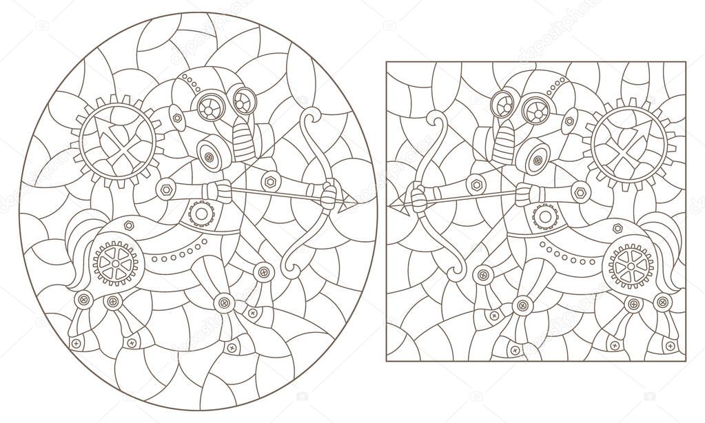 Set of contour illustrations in the style of stained glass with steam punk signs of the zodiac Sagittarius, dark contours on a white background