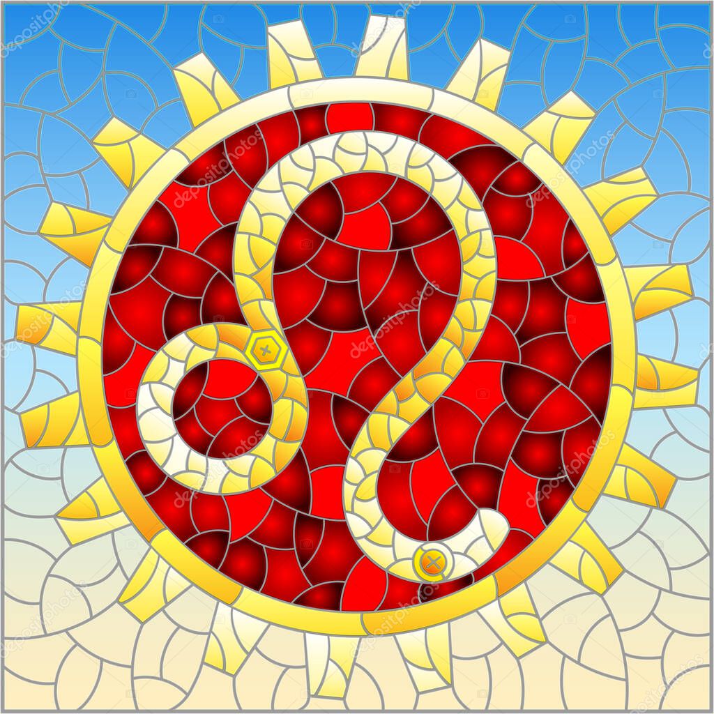 Illustration in the style of a stained glass window with an illustration of the steam punk sign of the Leo horoscope