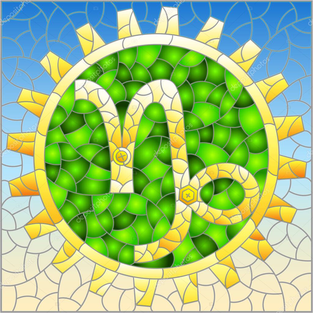 Illustration in the style of a stained glass window with an illustration of the steam punk sign of the Capricorn horoscope