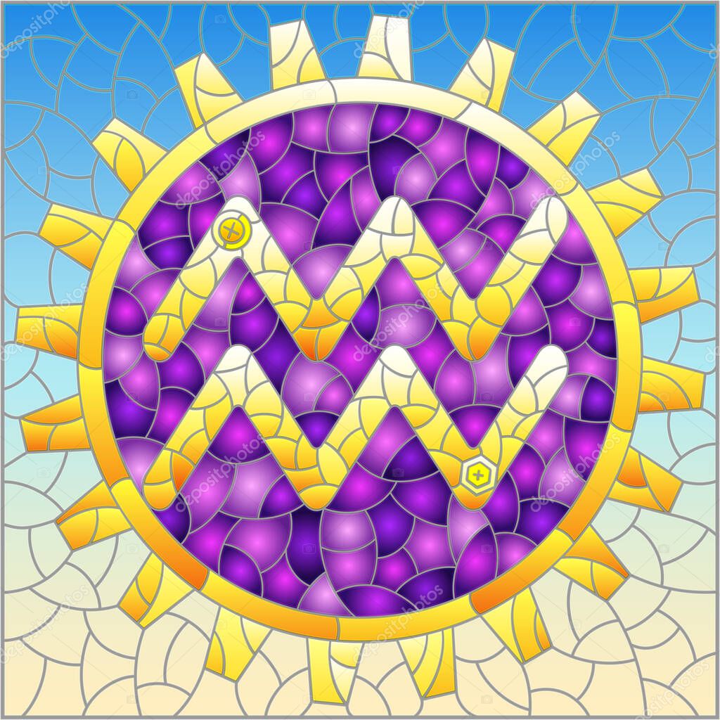 Illustration in the style of a stained glass window with an illustration of the steam punk sign of the Aquarius horoscope