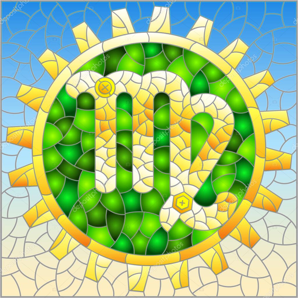 Illustration in the style of a stained glass window with an illustration of the steam punk sign of the horoscope Virgo