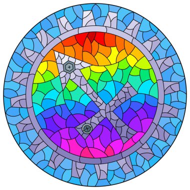 Yay burcunun buharlı pankçı tabelasının resmedildiği boyalı cam pencere stili, yuvarlak bir resim.