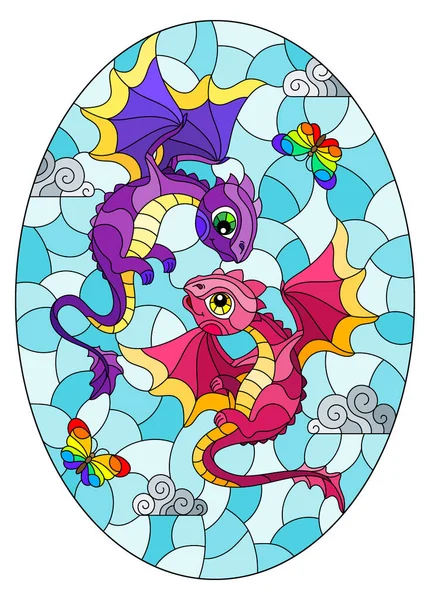 Ilustración Vidrieras Con Brillantes Dragones Dibujos Animados Contra Cielo Azul — Vector de stock