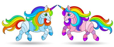 Soyut karikatür tek boynuzlu atlar, beyaz arka planda izole edilmiş hayvanlar, mozaik cam tarzında çizimler.