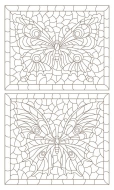 Çerçevelerinde kelebekler, beyaz arka planda koyu çizgiler, dikdörtgen çizimler olan boyalı cam tarzında çizimler.