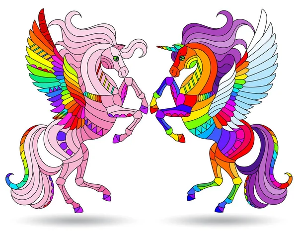 Set Gambar Dalam Gaya Kaca Patri Dengan Kartun Pegasus Abstrak - Stok Vektor