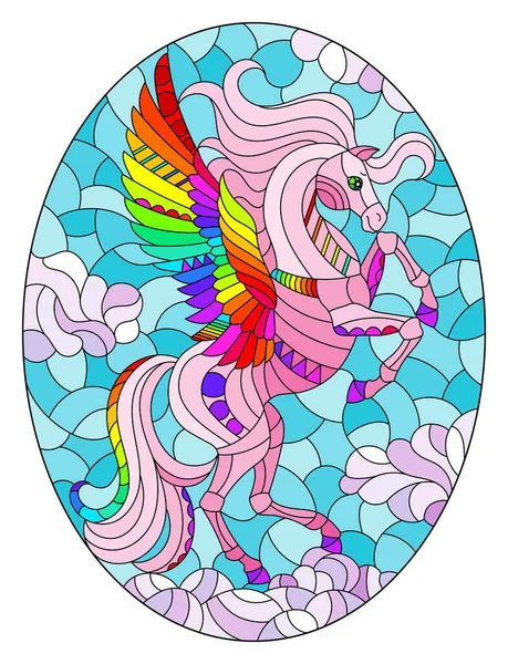 曇った青空 楕円形の画像に対して翼のある明るい虹の漫画ユニコーンとステンドグラスのイラスト — ストックベクタ