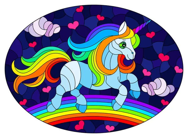 Ilustración Vidrieras Con Unicornio Dibujos Animados Arco Iris Brillante Alado — Vector de stock