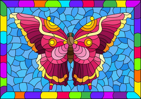 色彩斑斓的玻璃风格图解 蓝色背景上有明亮的粉色蝴蝶 有明亮的框架 矩形图像 — 图库矢量图片