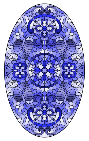 ステンドグラス風のイラスト 花飾りと渦巻きの丸い鏡像 トーンブルー 楕円形の画像 — ストックベクタ