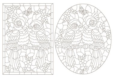 Ağaç dallarında sevimli muhabbet kuşları, beyaz arka planda koyu çizgiler olan boyalı cam pencerelerin çizimleri.