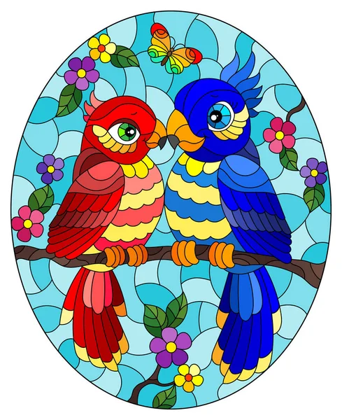 Ilustracja Witrażu Jasnymi Papugami Kreskówki Przeciw Błękitnemu Niebu Kwiatom Owalny — Wektor stockowy