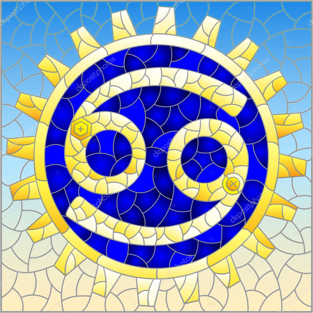 Illustration in the style of a stained glass window with an illustration of the steam punk sign of the Cancer horoscope
