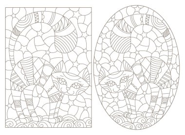 Çizgi film kedileri ve beyaz arka planda koyu renk çizgileri olan vitraylı bir pencere tasviri