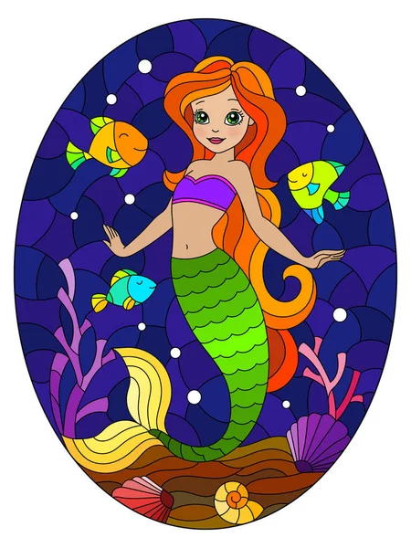 海底や魚を背景にかわいい人魚の漫画とステンドグラスのスタイルでイラスト 楕円形の画像 — ストックベクタ