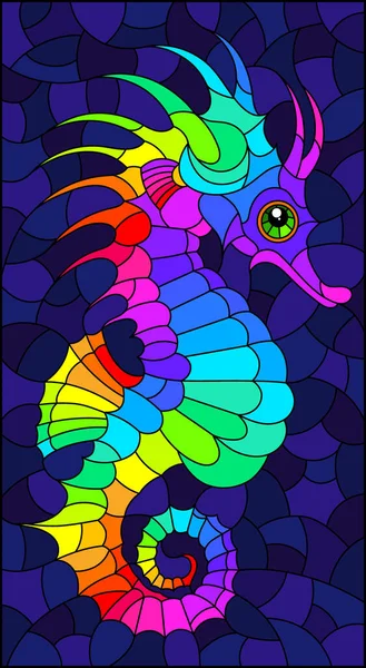 Färgat Glas Illustration Med Ljus Regnbåge Tecknad Sjöhäst Mörkblå Bakgrund — Stock vektor